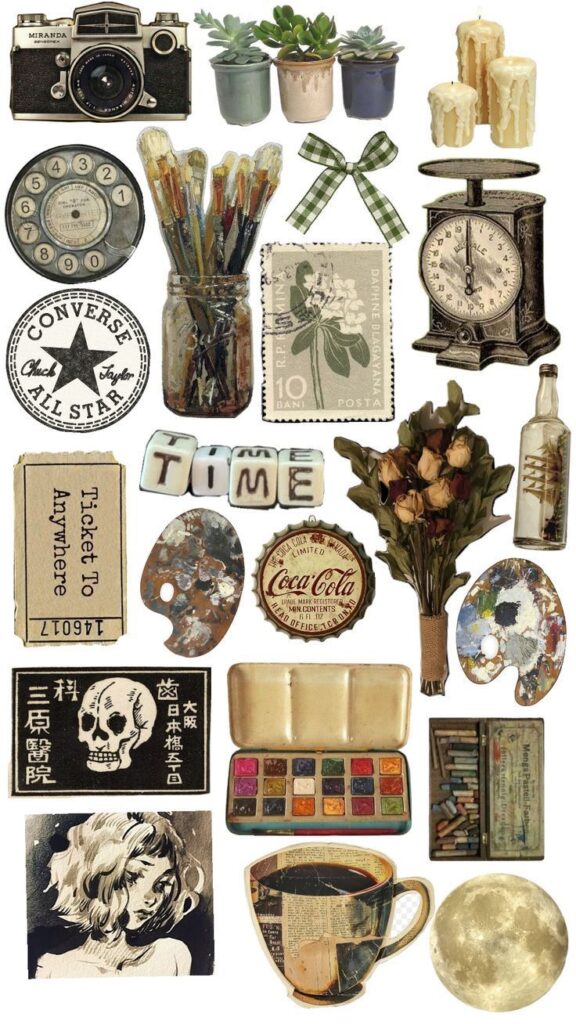 sticker sheets aesthetic _ ��� �� ������������ ___ _ �� ����� Guardado r_pido � 2025�� _ ������ Collage of vintage items: camera, succulents, brushes, scale, candles, ticket, bouquet, paint palettes, and retro illustrations. | Sky Rye Design Collage of vintage items: camera, succulents, brushes, scale, candles, ticket, bouquet, paint palettes, and retro illustrations.