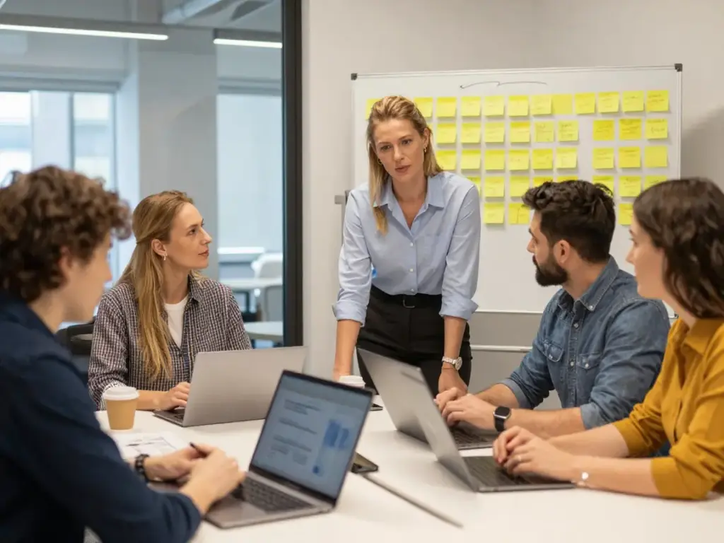 stratup-7 Team collaborating in modern office, using laptops and whiteboard with sticky notes. Female leader discussing project ideas with colleagues. | Sky Rye Design Team collaborating in modern office, using laptops and whiteboard with sticky notes. Female leader discussing project ideas with colleagues.
