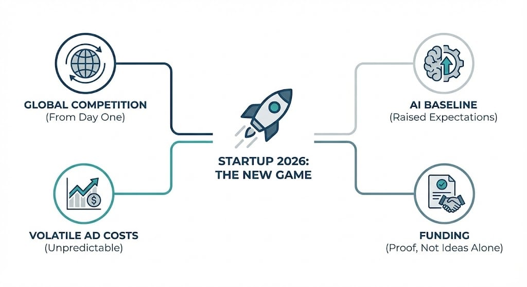 stratup-8 Infographic showcasing challenges for startups in 2026: global competition, volatile ad costs, AI expectations, and proof-based funding. | Sky Rye Design Infographic showcasing challenges for startups in 2026: global competition, volatile ad costs, AI expectations, and proof-based funding. Grow a Startup in 2026