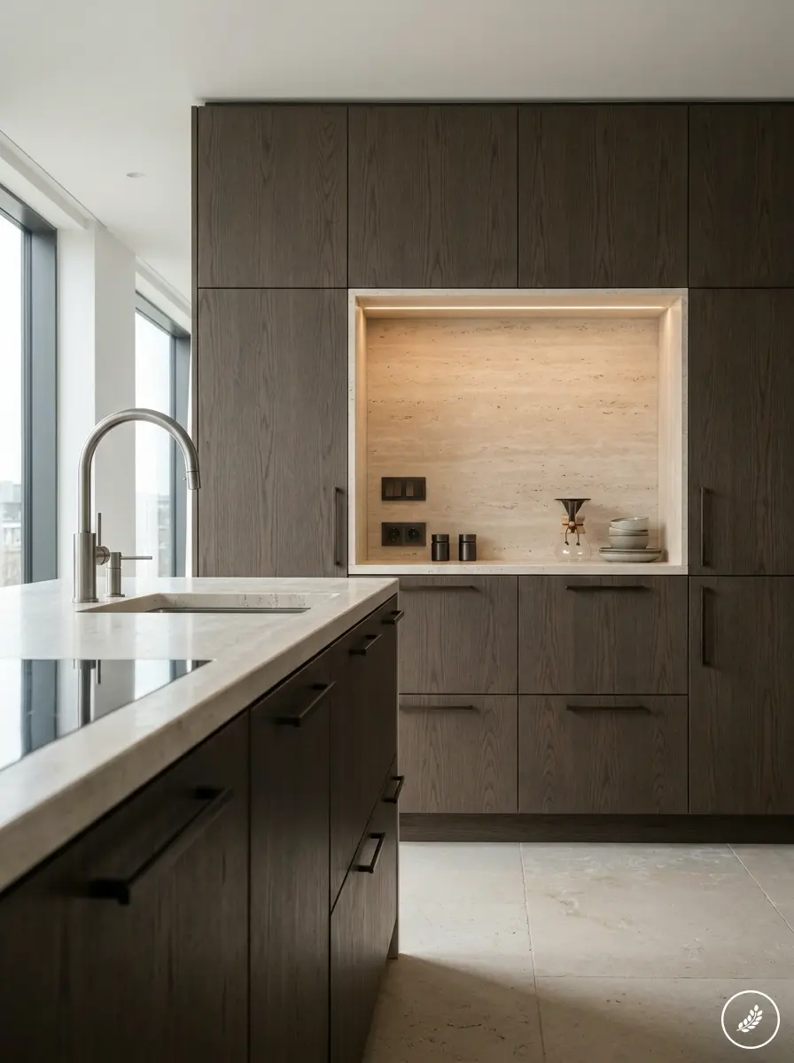 Apartment_kitchen_with_coordinat_202607311501 Minimalist modern kitchen with dark wood cabinets, marble island sink, recessed lit stone niche and large windows | Sky Rye Design Minimalist modern kitchen with dark wood cabinets, marble island sink, recessed lit stone niche and large windows