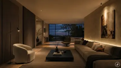 Modern luxury living room with sectional sofa, cozy armchair, warm ambient lighting and dusk city view