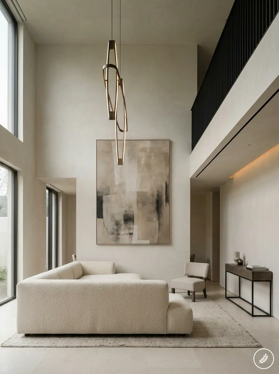 Double-height_living_room_compos_202607311502 Modern minimalist double-height living room with neutral sectional, abstract art, pendant light and floor-to-ceiling windows | Sky Rye Design Modern minimalist double-height living room with neutral sectional, abstract art, pendant light and floor-to-ceiling windows