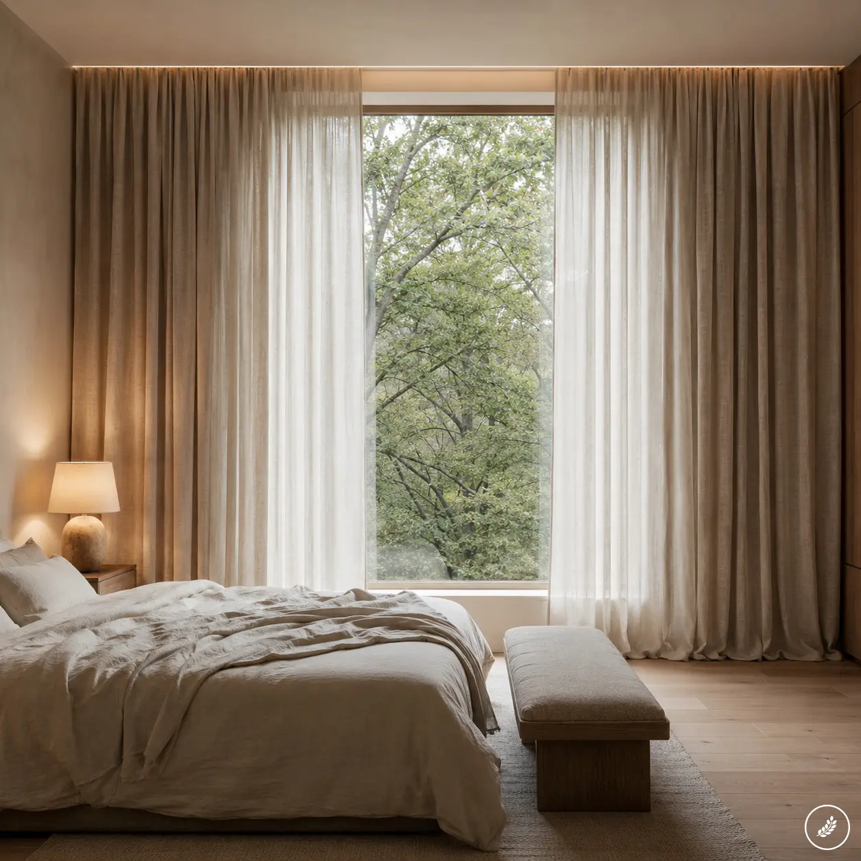 5a4054a2-a43e-4bfb-99f3-dc1123d948e1 Minimal neutral bedroom interior with large window, sheer curtains, cozy bed, bench and warm lamp overlooking green trees | Sky Rye Design Minimal neutral bedroom interior with large window, sheer curtains, cozy bed, bench and warm lamp overlooking green trees