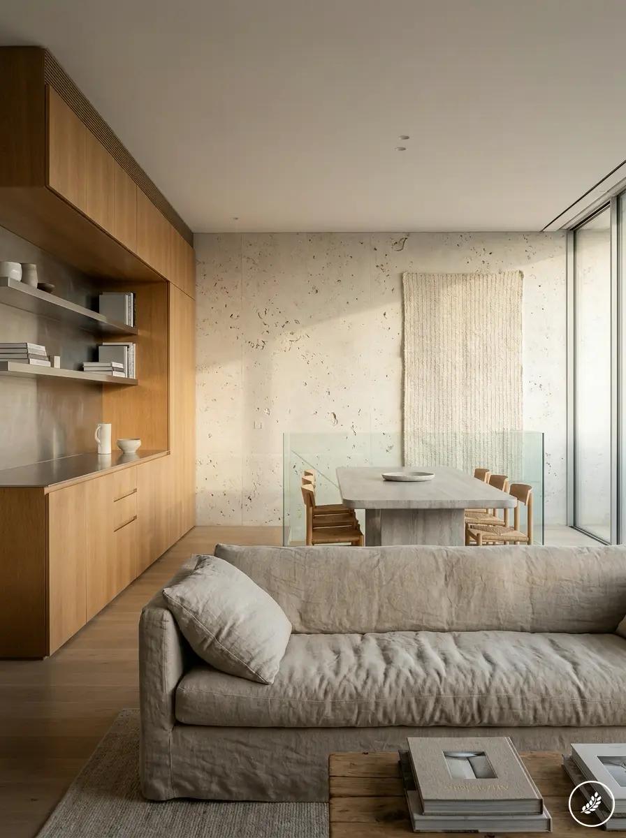 Interior_design_with_layered_mat_202607311502 Minimalist living-dining room with linen sofa, wood built-in cabinets, concrete dining table, woven wall hanging, large windows | Sky Rye Design Minimalist living-dining room with linen sofa, wood built-in cabinets, concrete dining table, woven wall hanging, large windows