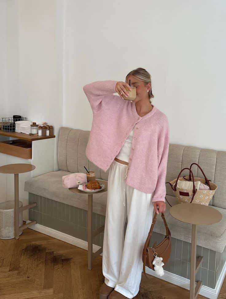 _tomma_hagenow __________________________ Woman in cozy pink cardigan and white pants enjoying a coffee in a chic cafe setting, with pastries and handbag on side table. | Sky Rye Design Woman in cozy pink cardigan and white pants enjoying a coffee in a chic cafe setting, with pastries and handbag on side table.