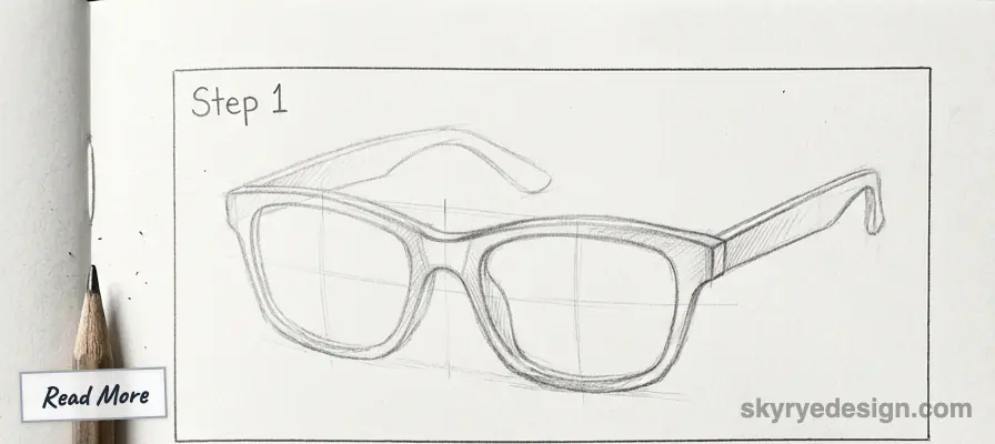 Sketch of glasses with rectangular frames labeled Step 1 on a notepad, accompanied by a pencil and Read More prompt.