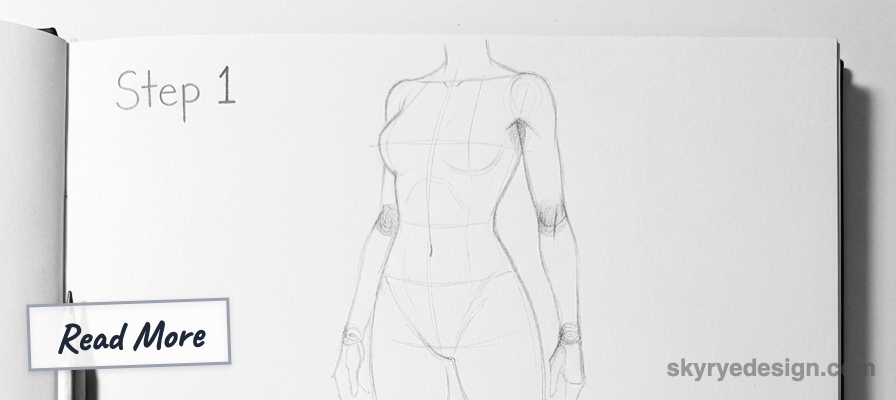 Figure drawing tutorial: pencil sketch of a female torso and limbs in a sketchbook labeled 'Step 1' with 'Read More' tag.