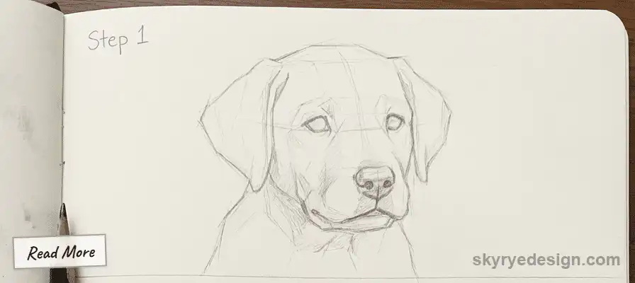 Step-by-step guide on drawing a dog portrait, step 1: pencil sketch of a dog's head.