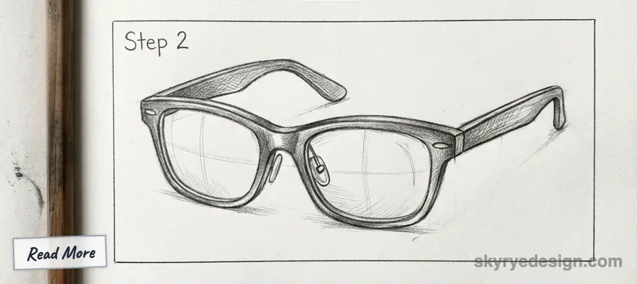 Pencil sketch of eyeglasses in Step 2 of drawing tutorial on a sketchpad, illustrating design techniques.
