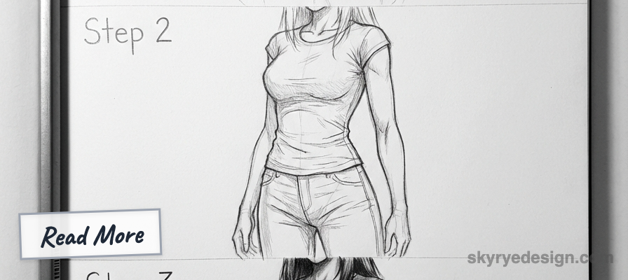 Pencil sketch figure drawing tutorial: female torso in fitted t-shirt and jeans, Step 2 illustration for anatomy and clothing folds.