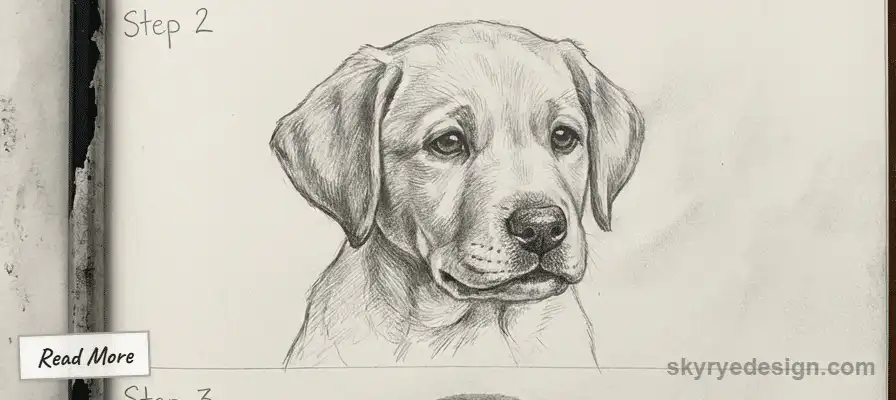 Pencil drawing of a puppy, showcasing detailed sketching techniques with a label Step 2 for an art tutorial by skyryedesign.com.