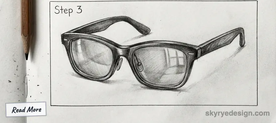 Pencil sketch of retro glasses, step 3 in drawing process. Detailed illustration with shading, featuring reflections on lenses.