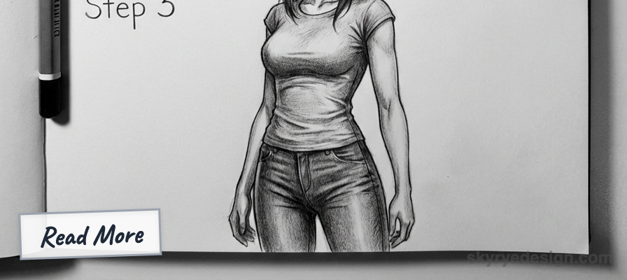 Pencil sketch of a female torso wearing a t-shirt and jeans on a drawing tutorial page labeled 'Step 3' with pencil and 'Read More' tag