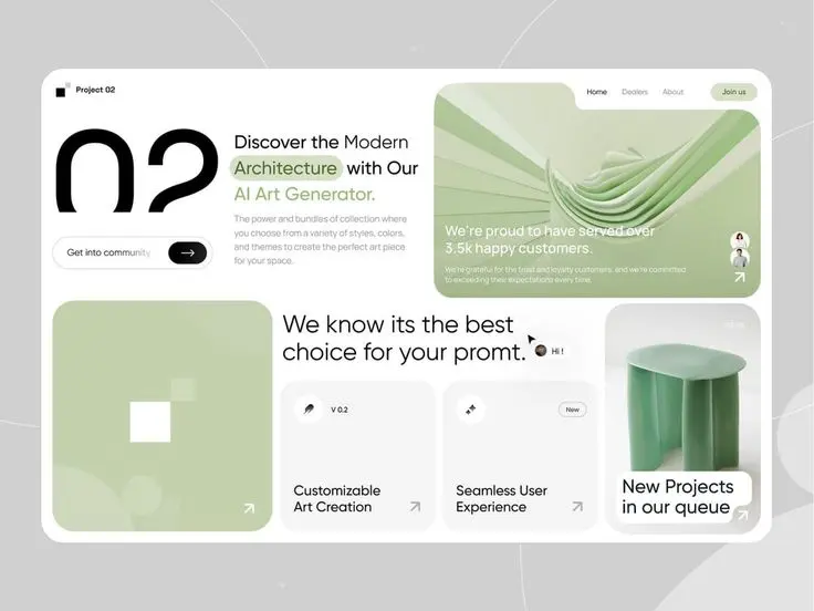 ui design trends 2026-11 AI Art Generator interface showcasing modern architecture design tools with project updates and customer satisfaction highlights. | Sky Rye Design AI Art Generator interface showcasing modern architecture design tools with project updates and customer satisfaction highlights.