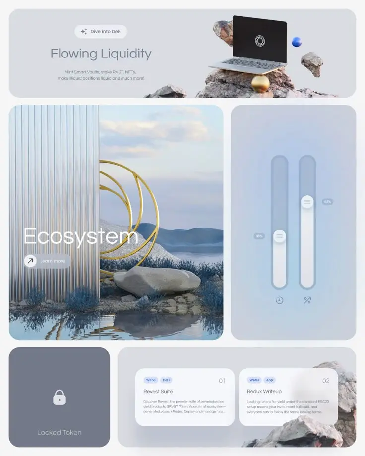 ui design trends 2026-41 Tech-themed design showcasing decentralized finance concepts with a laptop, liquidity visuals, and elements representing a digital ecosystem. | Sky Rye Design Tech-themed design showcasing decentralized finance concepts with a laptop, liquidity visuals, and elements representing a digital ecosystem.