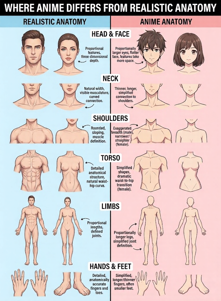 Anime vs realistic anatomy infographic: head, neck, shoulders, torso, limbs, hands & feet compared with male and female illustrations