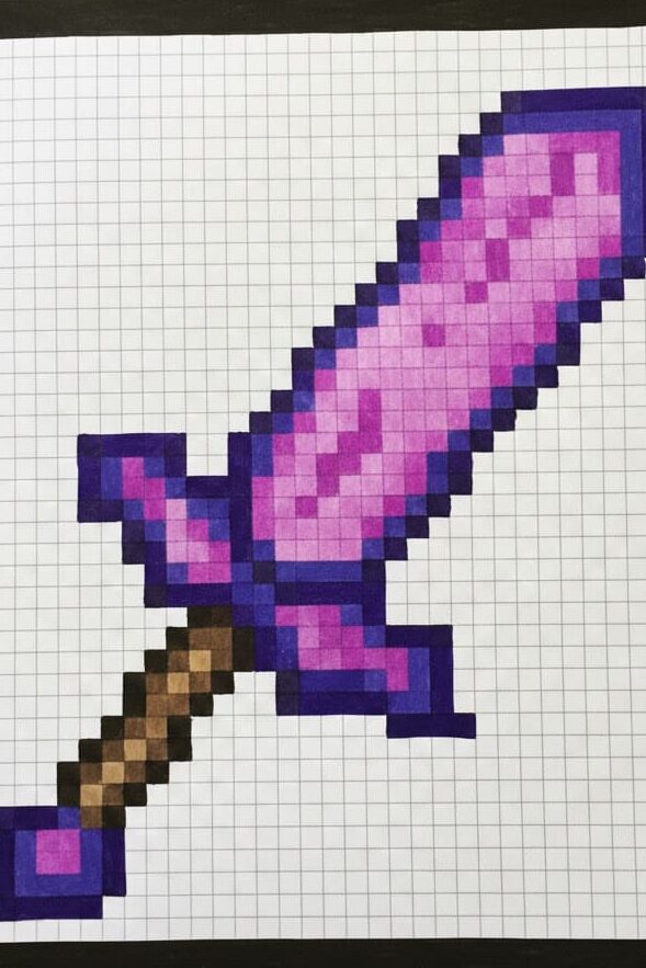 unnamed-2 Pixel art of a purple sword drawn on a grid paper, surrounded by colored pencils and ruler, showcasing creative design. | Sky Rye Design Pixel art of a purple sword drawn on a grid paper, surrounded by colored pencils and ruler, showcasing creative design.