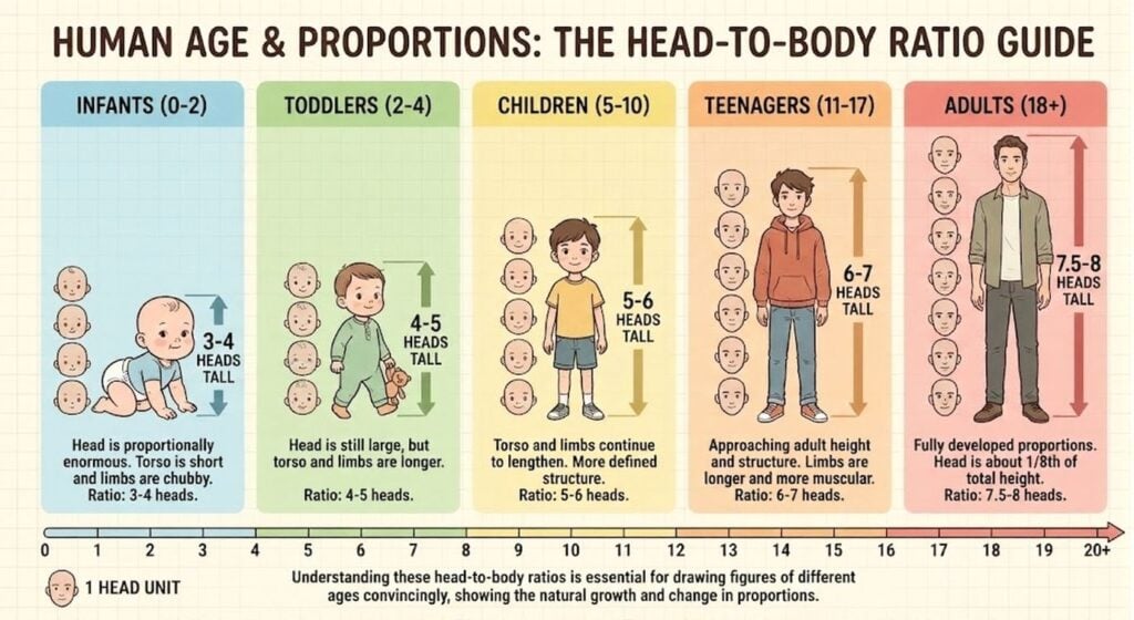 Head-to-body ratio guide: human age proportions illustrated, artist reference showing infants to adults (3–4 to 7.5–8 heads tall)
