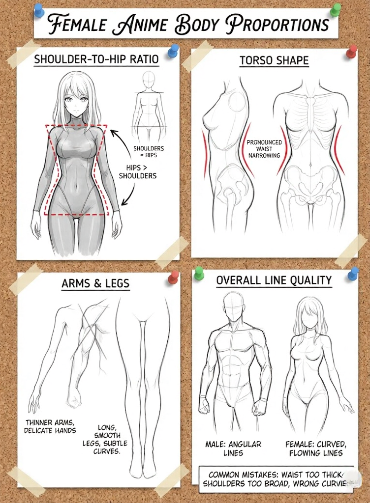 Female anime body proportions infographic: shoulder-to-hip ratio, torso shape, arms & legs, and overall line quality guide