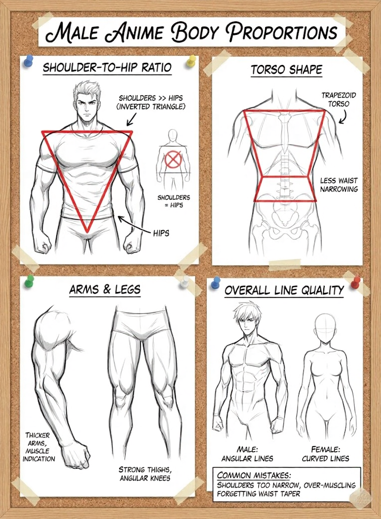 Male anime body proportions infographic: inverted-triangle shoulders, trapezoid torso, muscular arms & legs, overall line quality tips.