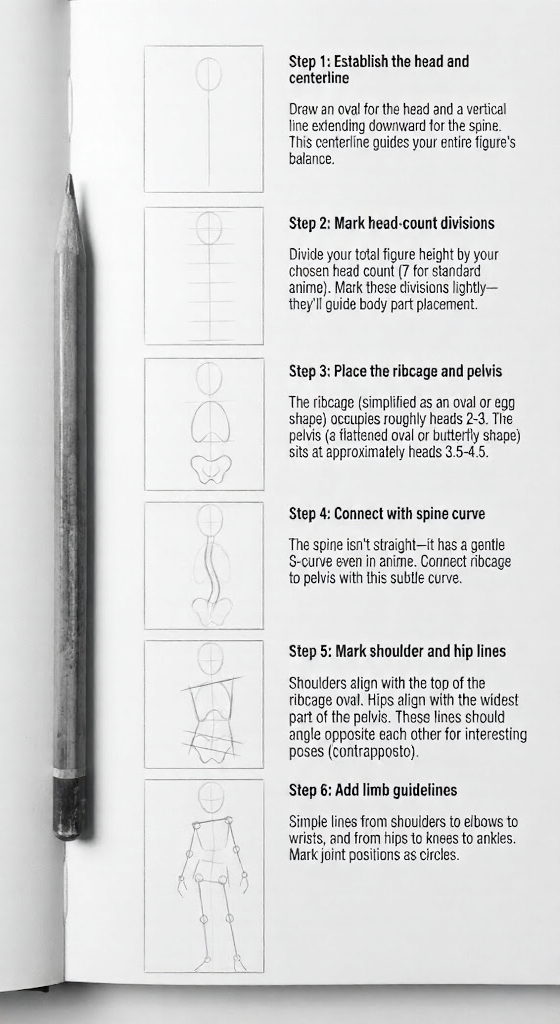 B/W 6-step figure drawing guide page with sketches: head centerline, ribcage/pelvis, S-curve spine, shoulder/hip lines, limb guidelines, pencil.