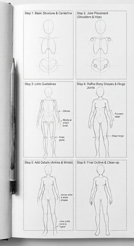 Sketchbook page with step-by-step female figure drawing tutorial: construction lines, joint placement, limb guides, final outline, pencil left.