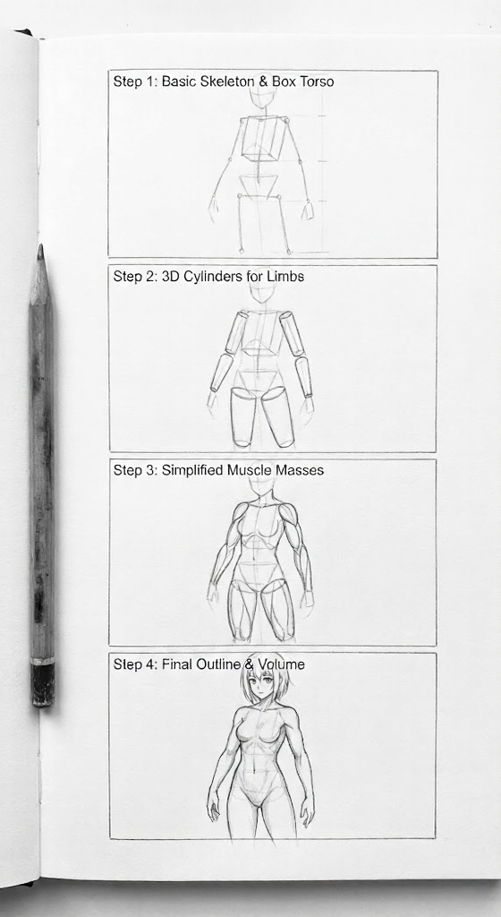 Sketchbook tutorial showing 4-step female figure drawing: basic skeleton and box torso, 3D limb cylinders, simplified muscle masses, final outline.