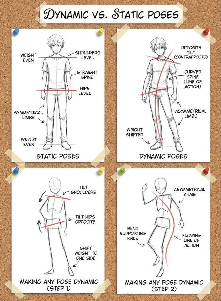 Figure-drawing tutorial on corkboard: four pinned sketches comparing static vs dynamic poses, showing line of action, weight shift, contrapposto