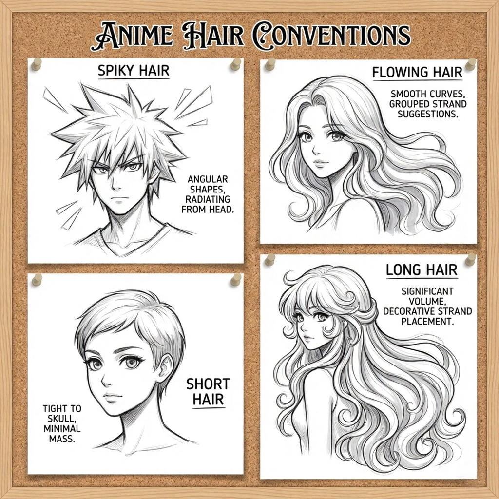 Anime hair conventions poster - anime hairstyles sketch guide pinned on corkboard showing spiky, flowing, short and long styles.