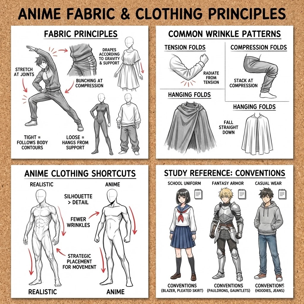 Anime fabric & clothing infographic: fabric behavior, wrinkle patterns, clothing shortcuts and conventions (school uniform, armor, casual)