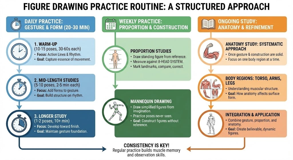 Infographic: Figure drawing practice routine—daily gesture & form, weekly proportion & construction, ongoing anatomy & refinement.