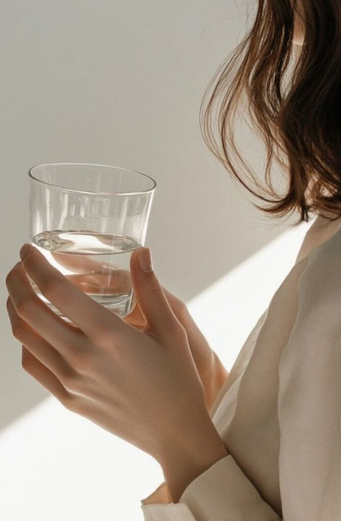 _ Woman holding a clear glass of water against a light background, emphasizing hydration and minimalist lifestyle. | Sky Rye Design Woman holding a clear glass of water against a light background, emphasizing hydration and minimalist lifestyle.
