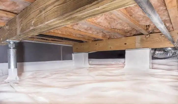 Crawl space encapsulation with vapor barrier installed beneath wooden beams for improved insulation and moisture control in