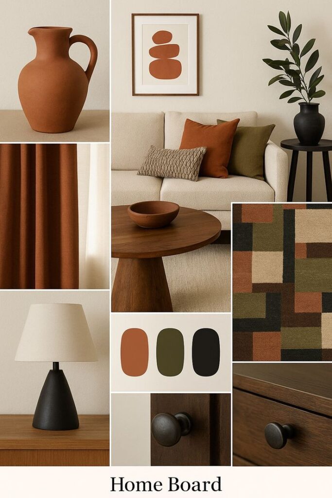 _ Modern living room design board with earthy tones, featuring a terracotta pitcher, abstract art, and cozy textiles for stylish decor. | Sky Rye Design Modern living room design board with earthy tones, featuring a terracotta pitcher, abstract art, and cozy textiles for stylish decor.