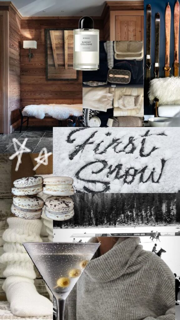 _ Winter collage with cozy sweaters, skis, fluffy throws, a cocktail, snowy scene, and First Snow written in snow for a seasonal vibe. | Sky Rye Design Winter collage with cozy sweaters, skis, fluffy throws, a cocktail, snowy scene, and First Snow written in snow for a seasonal vibe.