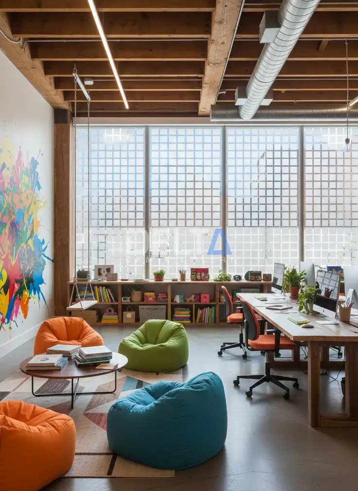 Bright modern office with colorful bean bags, wooden desk, and large windows, fostering a creative and collaborative workspace.