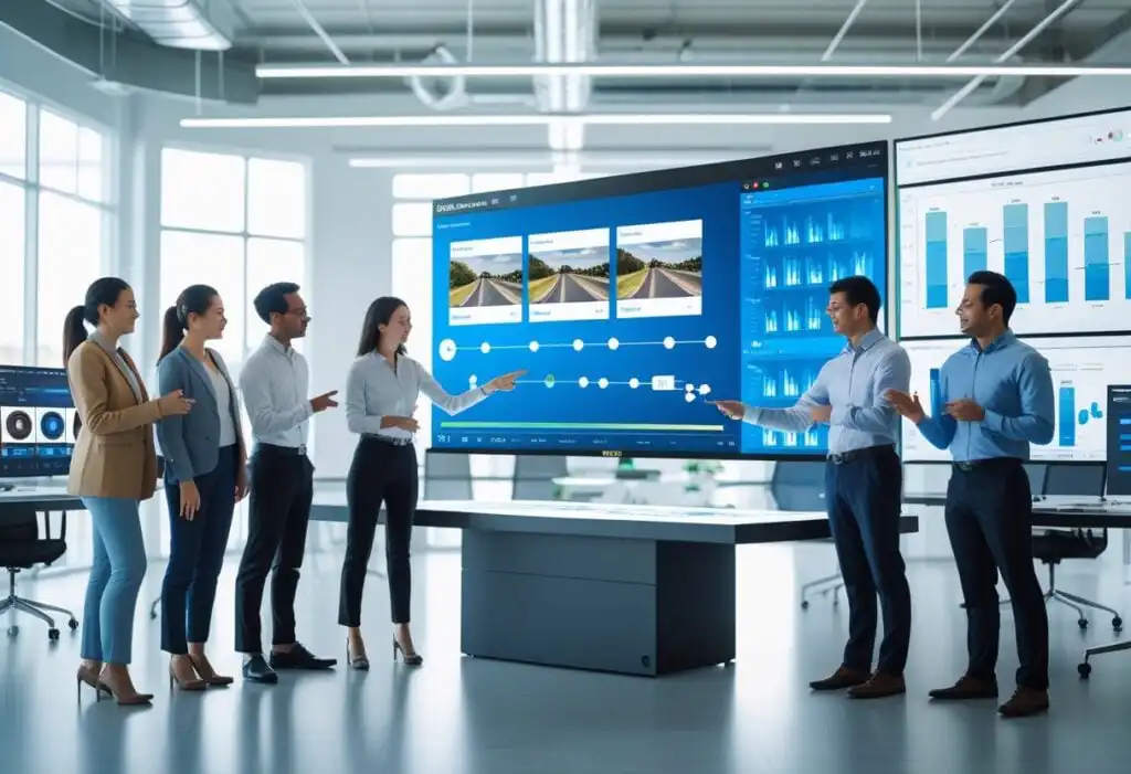 Team analyzing data on digital screens in a modern office environment, collaborating on a project presentation with graphs and images.