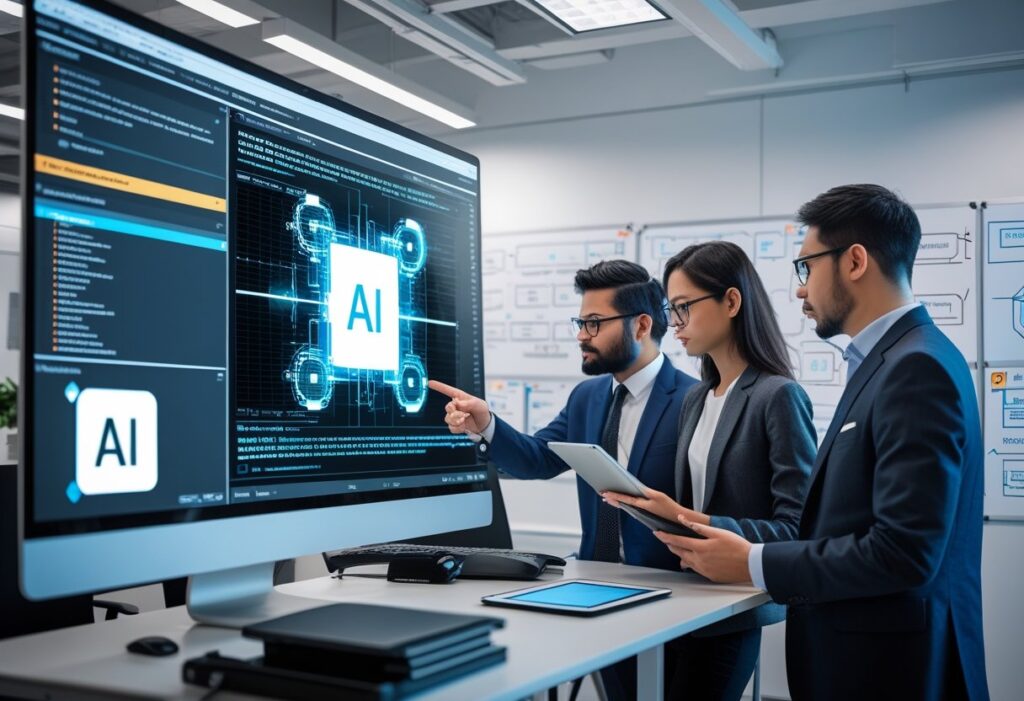 v2-17bs4i-wqa6c Team of professionals analyzing AI data on a computer screen in a modern office environment, discussing technology strategies. | Sky Rye Design Team of professionals analyzing AI data on a computer screen in a modern office environment, discussing technology strategies.