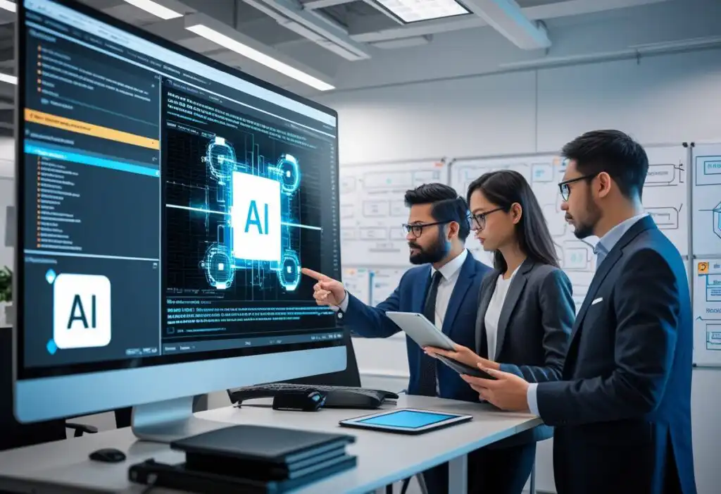 Team of professionals analyzing AI data on a computer screen in a modern office environment, discussing technology strategies.