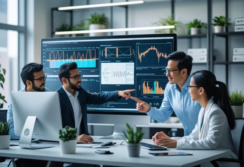 v2-17bs5p-ch0ni A team of professionals analyzing data on large screens in a modern office, discussing graphs and trends for strategic business insights. | Sky Rye Design A team of professionals analyzing data on large screens in a modern office, discussing graphs and trends for strategic business insights.