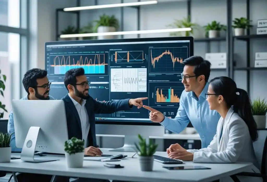 A team of professionals analyzing data on large screens in a modern office, discussing graphs and trends for strategic business insights.