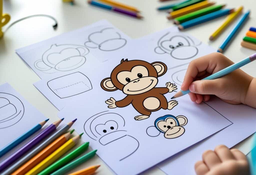 v2-17dux4-u41jf Child drawing a cute cartoon monkey with colored pencils, surrounded by sketches and drawings of monkey faces on a white | Sky Rye Design Child drawing a cute cartoon monkey with colored pencils, surrounded by sketches and drawings of monkey faces on a white