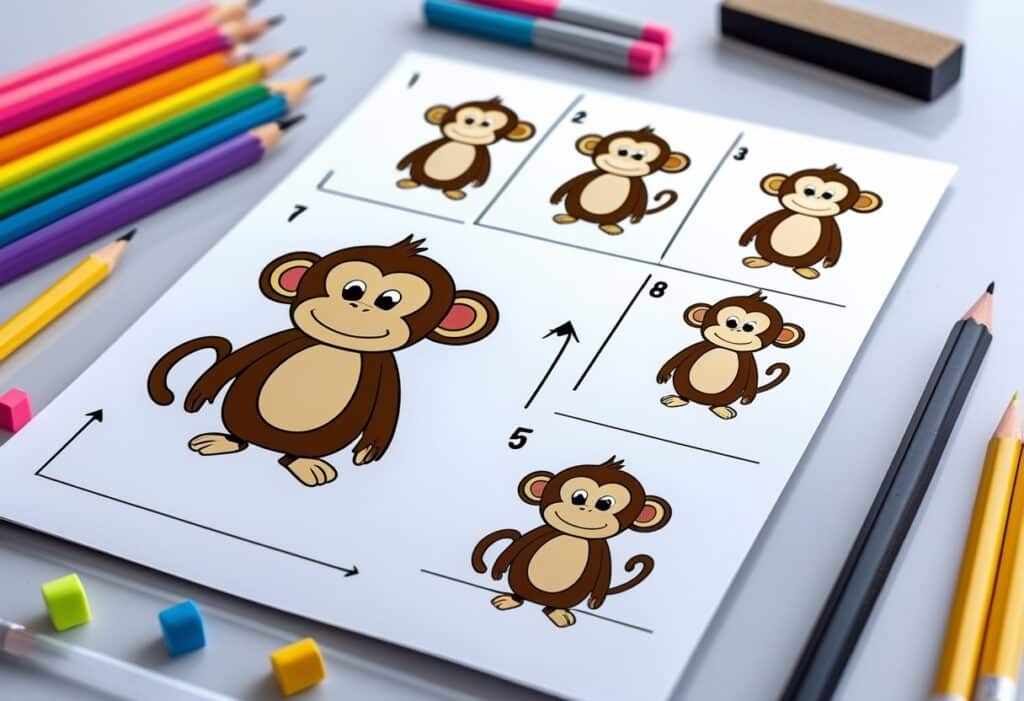 v2-17duyt-whqot Step-by-step guide to drawing a cartoon monkey with colored pencils and markers on a white sheet. Art supplies scattered | Sky Rye Design Step-by-step guide to drawing a cartoon monkey with colored pencils and markers on a white sheet. Art supplies scattered