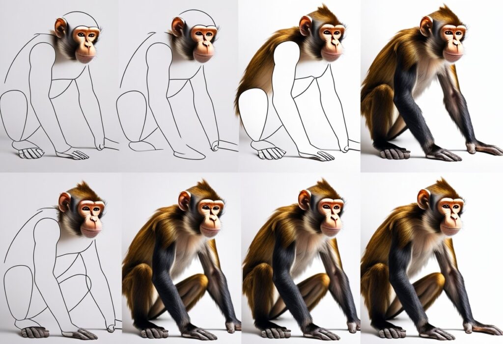 v2-17dv3i-2wosh Illustration showing step-by-step realistic drawing of a monkey, evolving from simple sketch outlines to detailed fur and | Sky Rye Design Illustration showing step-by-step realistic drawing of a monkey, evolving from simple sketch outlines to detailed fur and