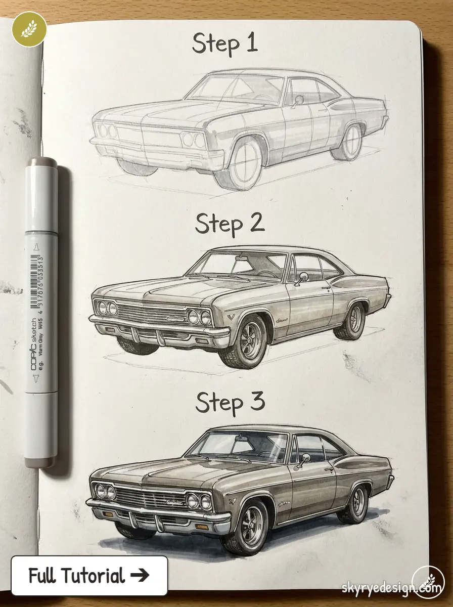 Step-by-step car drawing tutorial: three stages from pencil sketch to shaded rendering of a classic 1960s muscle car