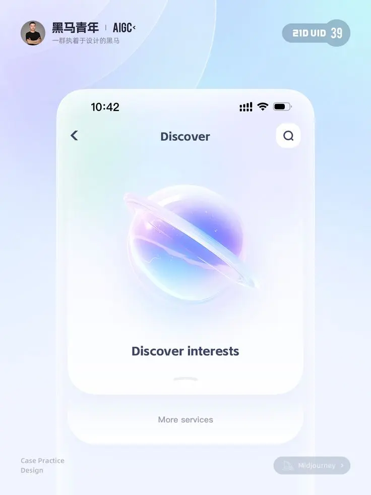 voice 2 Mobile UI design featuring a glowing planet icon on a Discover interests screen with a search bar. Clean, futuristic aesthetic. | Sky Rye Design Mobile UI design featuring a glowing planet icon on a Discover interests screen with a search bar. Clean, futuristic aesthetic.