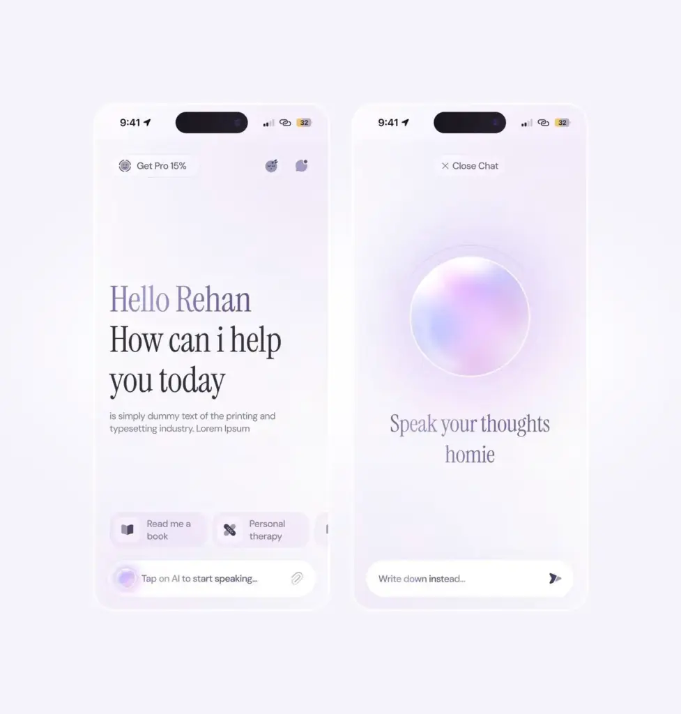 voice 3 Two smartphone screens showing a virtual assistant interface with options for book reading and therapy. Soft, pastel color scheme. | Sky Rye Design Two smartphone screens showing a virtual assistant interface with options for book reading and therapy. Soft, pastel color scheme.