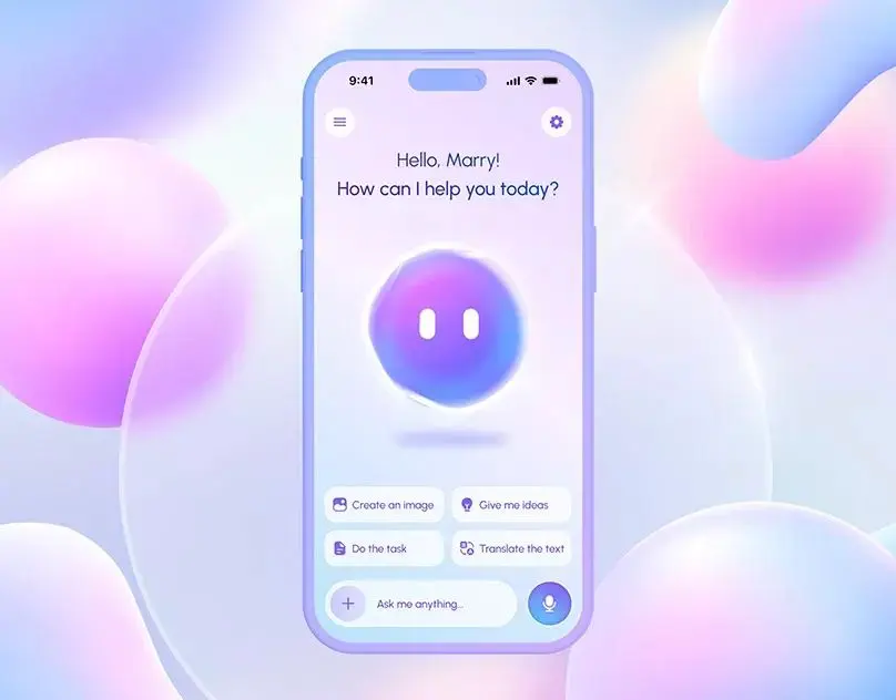 voice 4 Mobile app interface with a friendly AI assistant on a pastel background, offering options like image creation, ideas, tasks, and translation. | Sky Rye Design Mobile app interface with a friendly AI assistant on a pastel background, offering options like image creation, ideas, tasks, and translation.