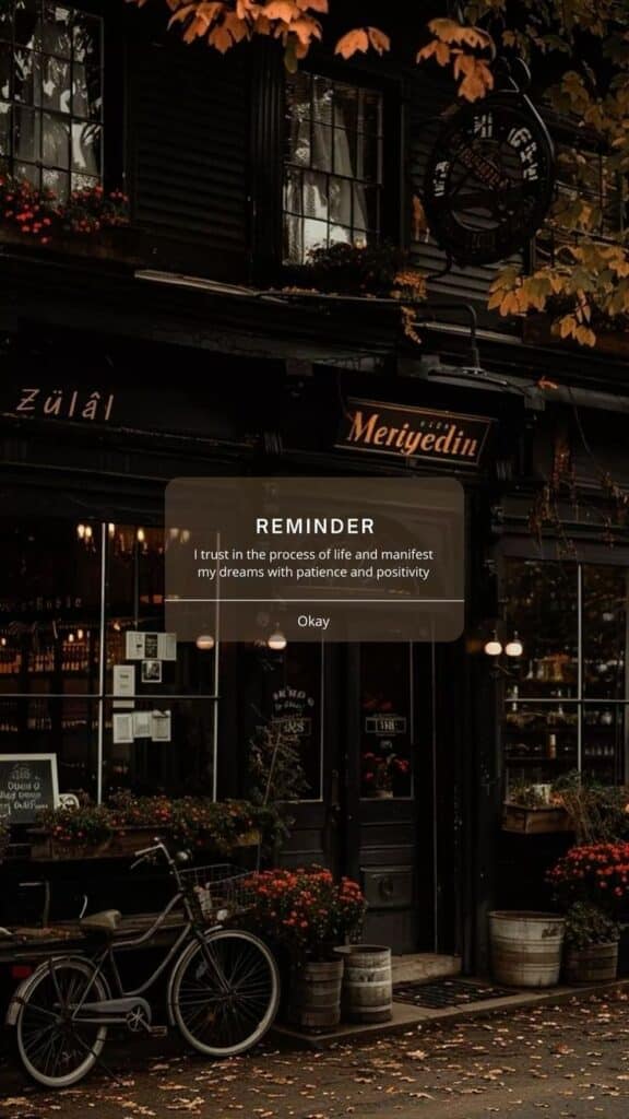 wallpaper Cozy autumn street view with a bicycle, warm lights, and a motivational quote overlay. Ideal for fall inspiration and positivity. | Sky Rye Design Cozy autumn street view with a bicycle, warm lights, and a motivational quote overlay. Ideal for fall inspiration and positivity.