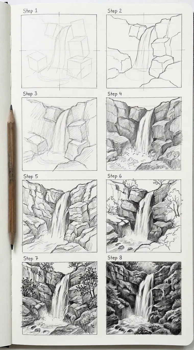 waterfall-sketch-1 1 Step-by-step pencil sketch tutorial of a waterfall, showing its progression from basic shapes to detailed, realistic drawing. | Sky Rye Design Step-by-step pencil sketch tutorial of a waterfall, showing its progression from basic shapes to detailed, realistic drawing.